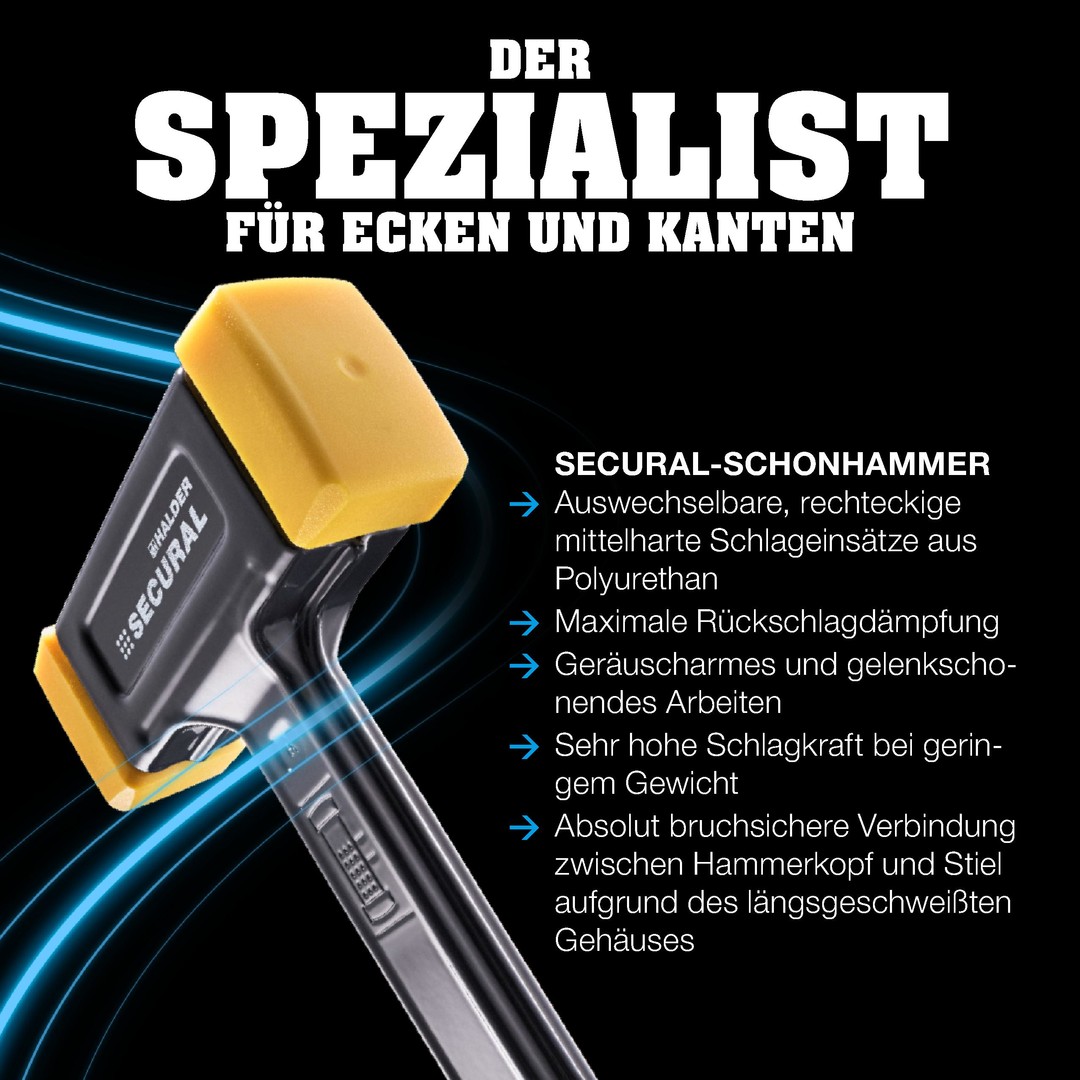 SECURAL-Schonhammer, Kopf und Stiel bruchsicher aus einem Stück Stahl, Schlageinsätze rechteckig | L=35 mm / B=45 mm | 3380.045