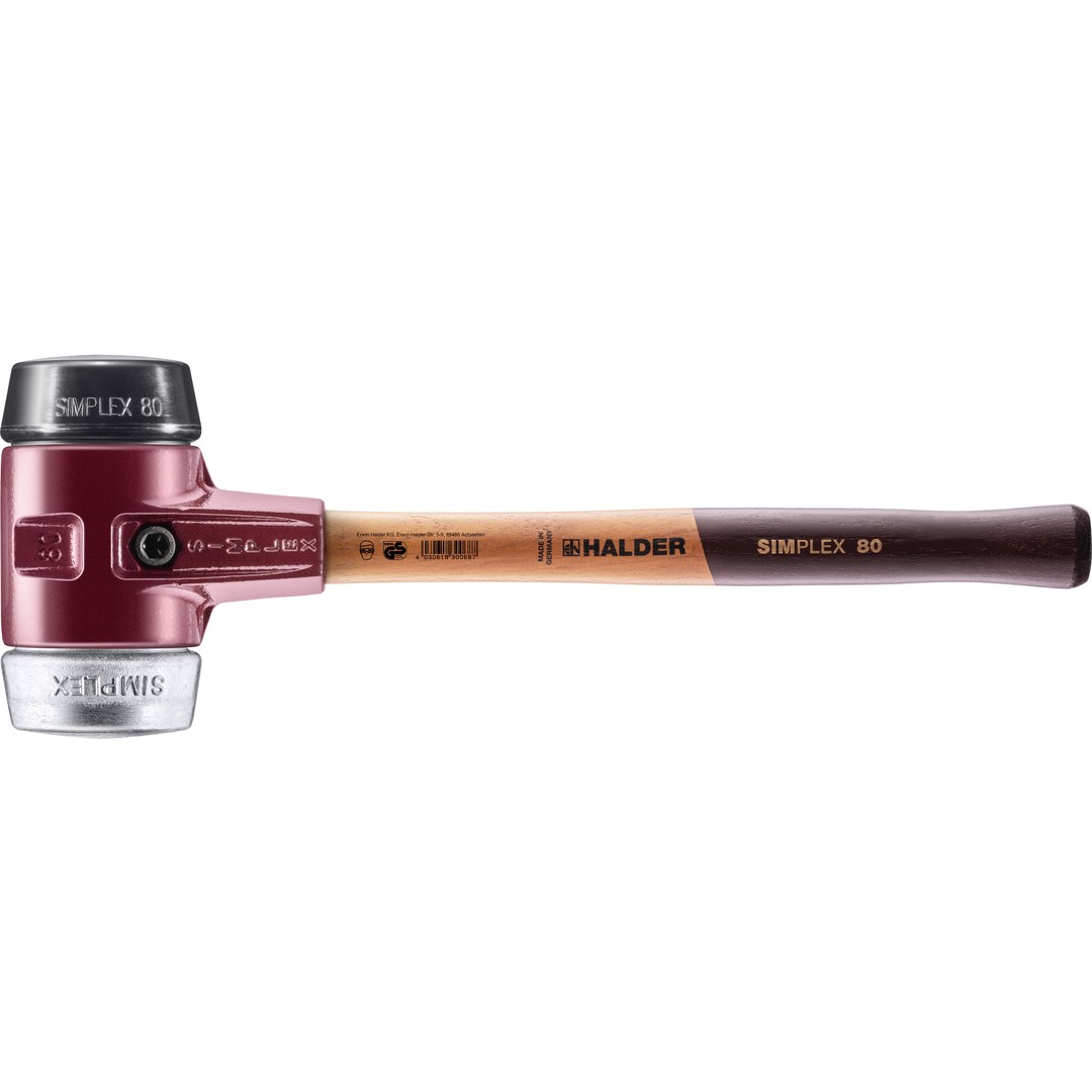 Młotek SIMPLEX z miękkim obuchem, kompozycja gumy i miękkiego metalu; z obudową z żeliwa ciągliwego i wysokiej jakości drewnianym trzonkiem | D=80 mm | 3029.080