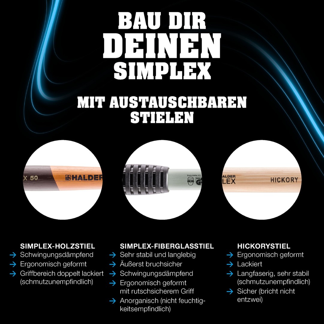 SIMPLEX-Vorschlaghammer, Gummikomposition, mit Standfuß / Superplastik; mit Tempergussgehäuse und Hickorystiel | D=60 mm | 3027.261