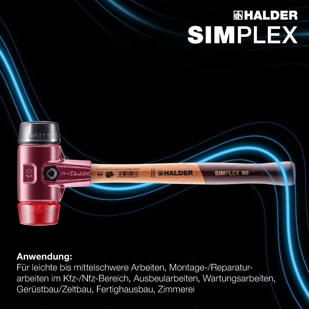 SIMPLEX-Schonhammer, Gummikomposition / Plastik; mit Tempergussgehäuse und hochwertigem Holzstiel | D=60 mm | 3026.060