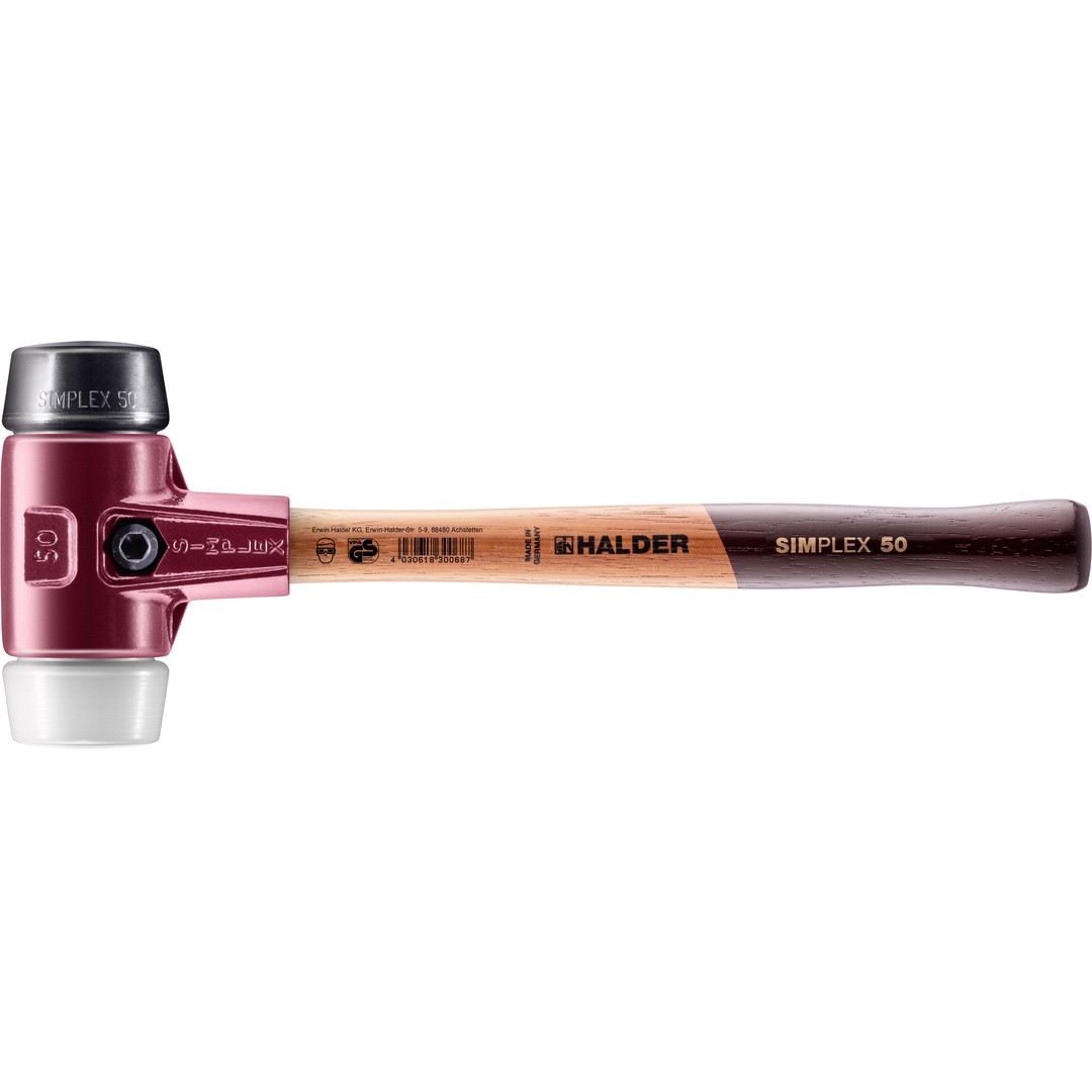 Młotek SIMPLEX z miękkim obuchem, kompozyt gumowy / superplastik; z obudową z żeliwa ciągliwego i wysokiej jakości drewnianym trzonkiem | D=50 mm | 3027.050