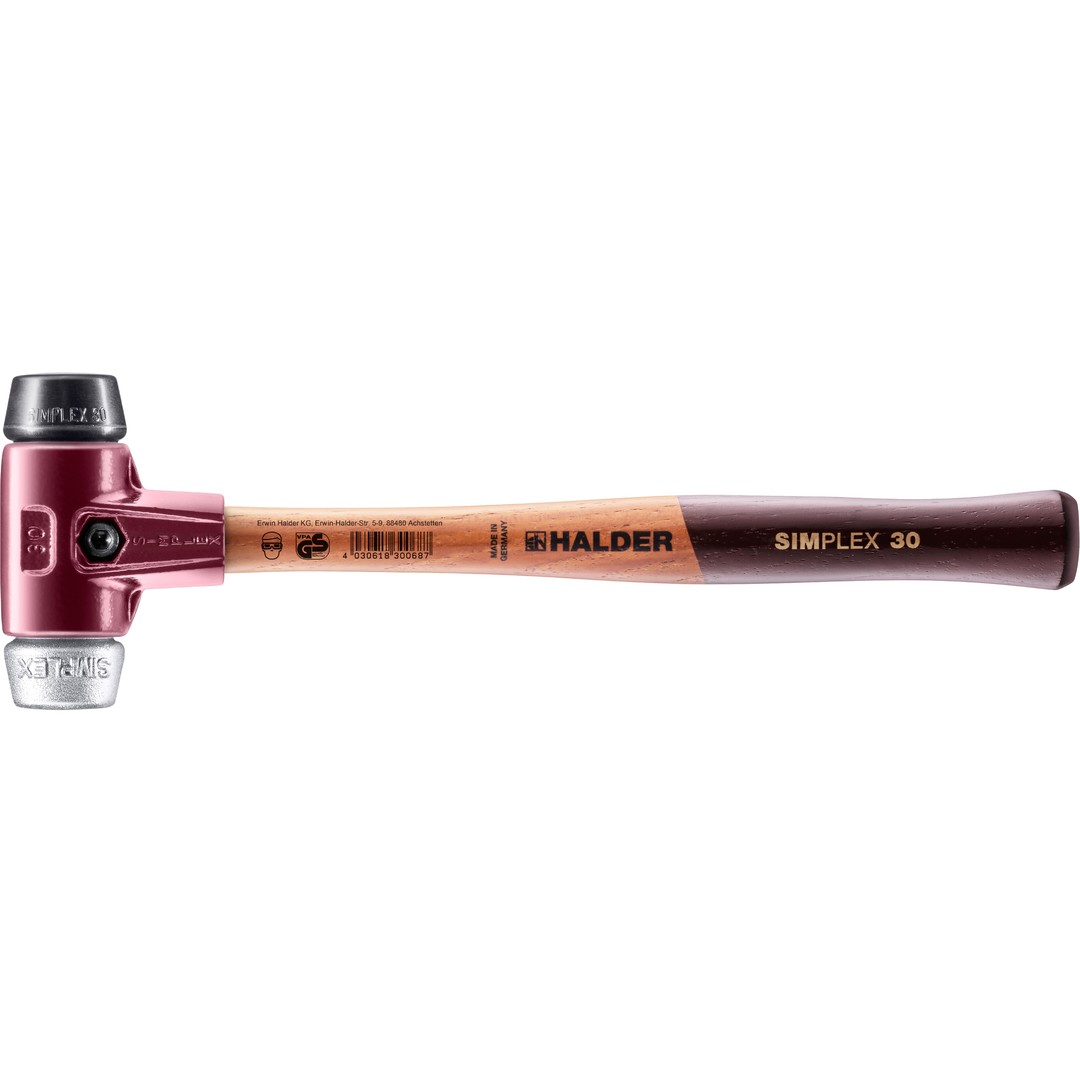 Młotek SIMPLEX z miękkim obuchem, kompozycja gumy i miękkiego metalu; z obudową z żeliwa ciągliwego i wysokiej jakości drewnianym trzonkiem | D=30 mm | 3029.030