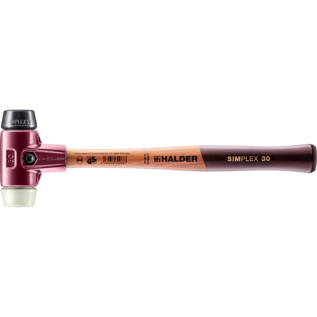 SIMPLEX-Schonhammer, Gummikomposition / Nylon; mit Tempergussgehäuse und hochwertigem Holzstiel | D=30 mm | 3028.030