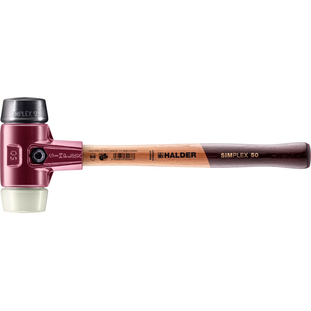 SIMPLEX-Schonhammer, Gummikomposition / Nylon; mit Tempergussgehäuse und hochwertigem Holzstiel | D=50 mm | 3028.050