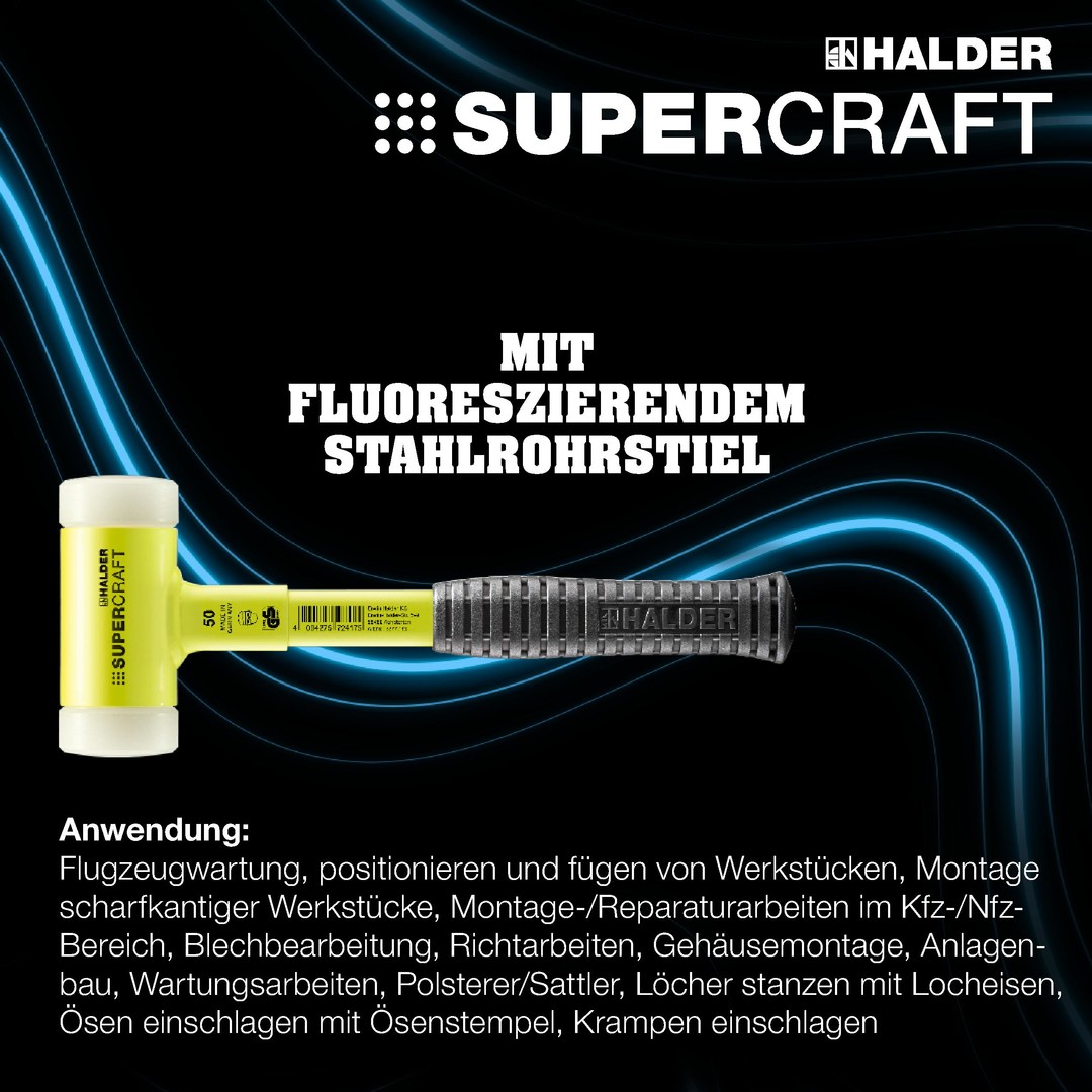 SUPERCRAFT-Schonhammer, mit bruchsicherem Stahlrohrstiel, gelb-fluoreszierend beschichtet und ergonomisch geformtem, rutschsicherem Griff | D=60 mm | 3377.160