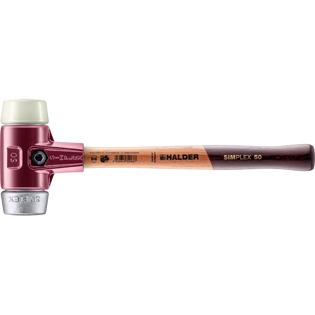 SIMPLEX-Schonhammer, Nylon / Weichmetall; mit Tempergussgehäuse und hochwertigem Holzstiel | D=50 mm | 3089.050