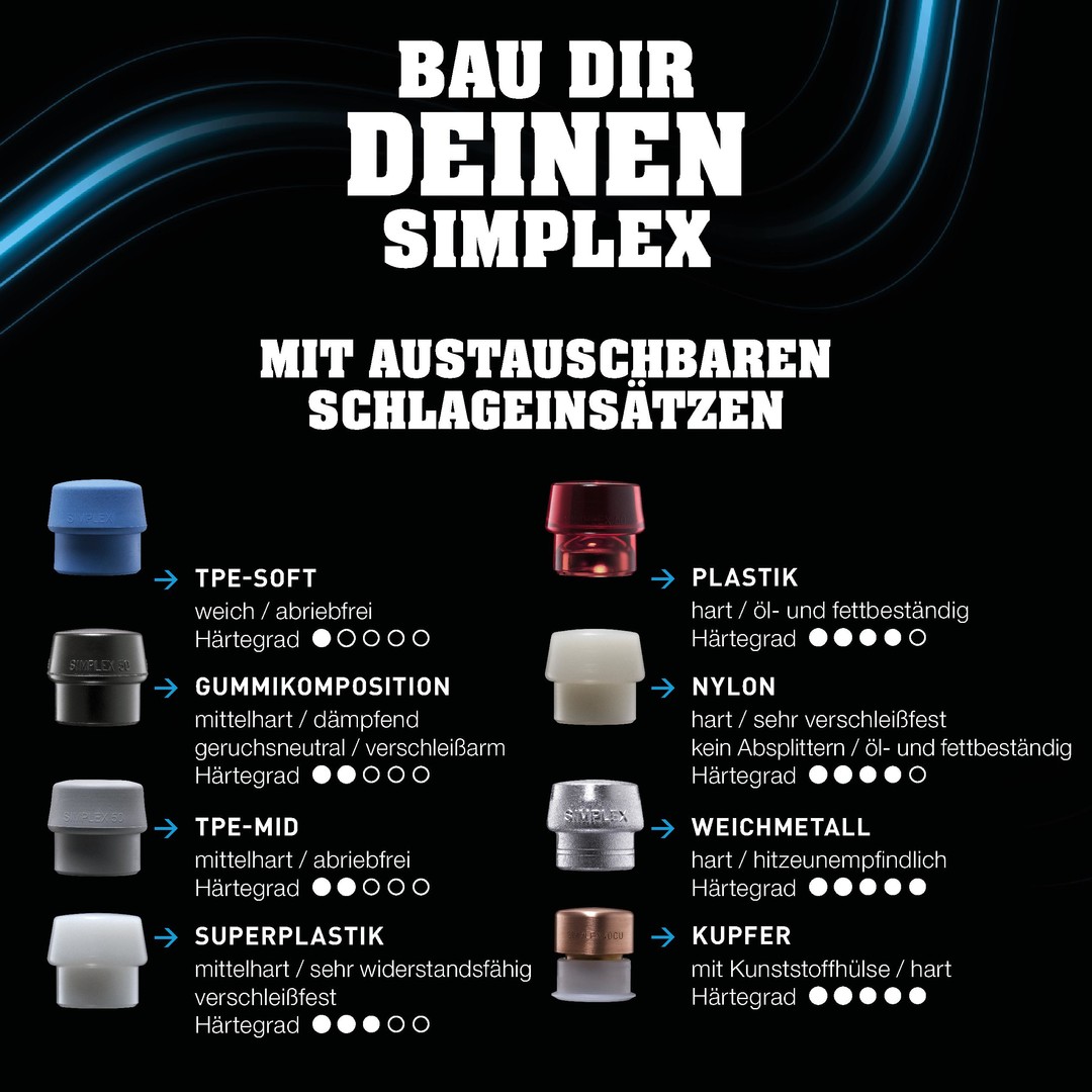SIMPLEX-Vorschlaghammer, Gummikomposition, mit Standfuß / Superplastik; mit Tempergussgehäuse und Hickorystiel | D=60 mm | 3027.261
