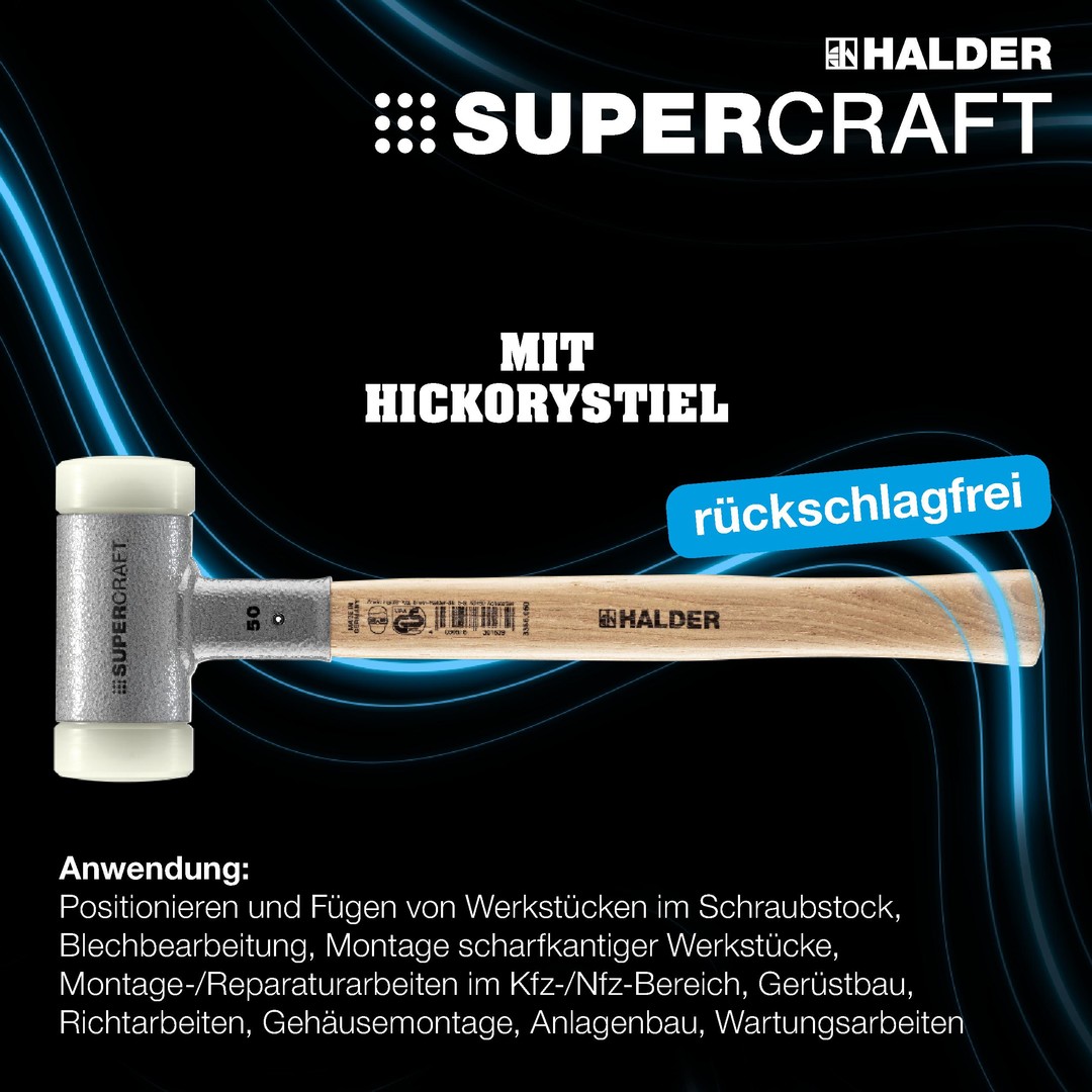 Młotek SUPERCRAFT z miękkim obuchem, z tłumiącym drgania, ergonomicznie ukształtowanym i lakierowanym trzonkiem hikorowym | D=80 mm | 3366.080