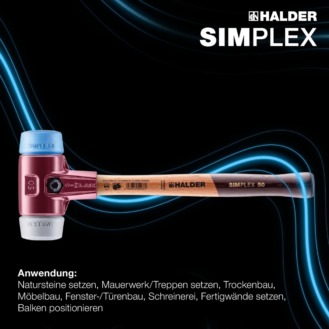 SIMPLEX-Schonhammer, TPE-soft / TPE-mid; mit Tempergussgehäuse und hochwertigem Holzstiel | D=60 mm | 3013.060