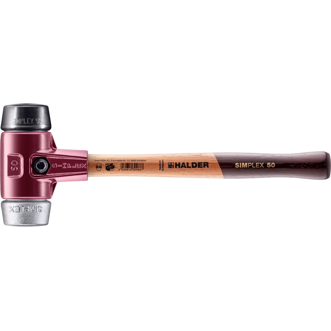 SIMPLEX-Schonhammer, Gummikomposition / Weichmetall; mit Tempergussgehäuse und hochwertigem Holzstiel | D=50 mm | 3029.050