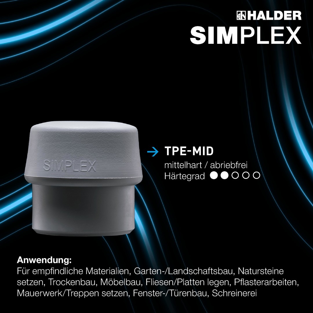SIMPLEX-Schonhammer, TPE-mid / Superplastik; mit Aluminiumgehäuse und hochwertigem Holzstiel | D=60 mm | 3137.060