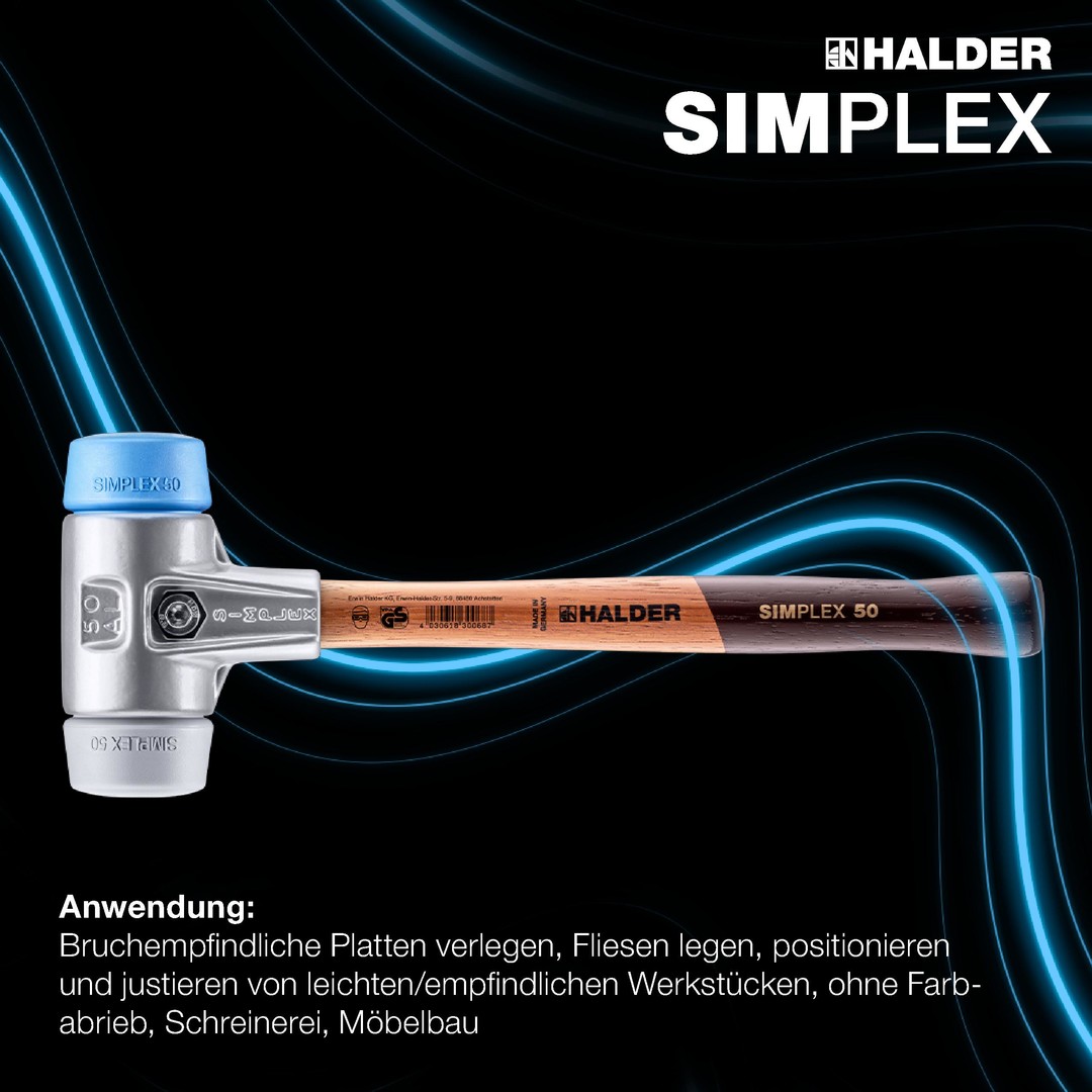 SIMPLEX-Schonhammer, TPE-soft / TPE-mid; mit Aluminiumgehäuse und hochwertigem Holzstiel | D=60 mm | 3113.060