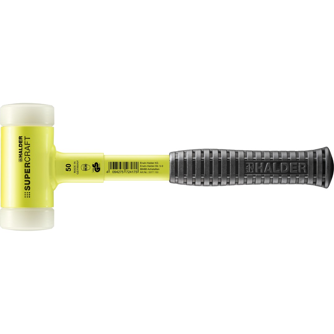 Młotek SUPERCRAFT z miękkim obuchem, z niełamliwym trzonkiem z rurki stalowej, żółtą powłoką fluorescencyjną i ergonomicznie ukształtowanym, antypoślizgowym uchwytem | D=50 mm | 3377.150