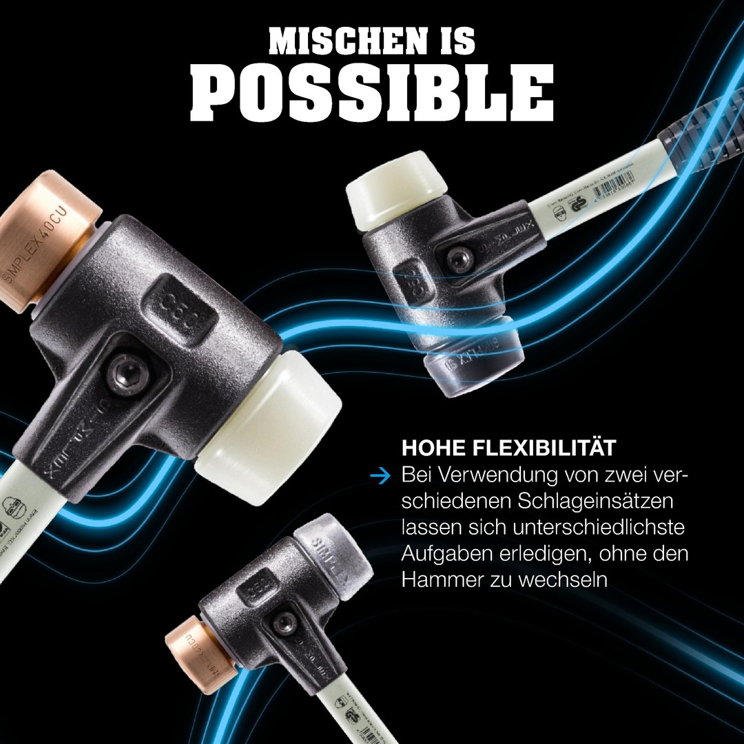 Młotek SIMPLEX z miękkim obuchem, miedź / miękki metal; ze wzmocnioną obudową z żeliwa ciągliwego i trzonkiem z włókna szklanego | D=40 mm | 3749.040